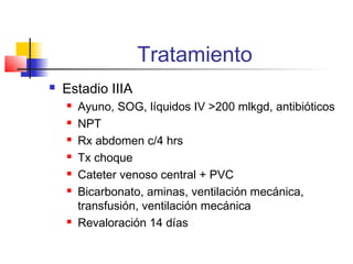 Tratamiento
 Estadio IIIA
 Ayuno, SOG, líquidos IV >200 mlkgd, antibióticos
 NPT
 Rx abdomen c/4 hrs
 Tx choque
 Cateter venoso central + PVC
 Bicarbonato, aminas, ventilación mecánica,
transfusión, ventilación mecánica
 Revaloración 14 días
 
