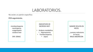 LABORATORIOS.
No existe un patrón especifico
PCR seguimiento.
-trombocitopenia
-neutropenia.
-coagulopatia
-acidosis leve
ENF. GRAVE.
INDICATIVOS DE
NECROSIS INST:
• Acidosis metabólica
• Hiponatremia
• Trombocitopenia.
• sepsis
SANGRE OCULTA EN
HECES.
_cuerpos reductores
en heces.
MALA ABSORCION
 