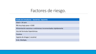 Factores de riesgo.
Grado de inmadurez – bacterias- isquemia
Edad < 34 sem
RN muy bajo peso <1500
Alimentación excesiva o volúmenes incrementados rápidamente
Uso de formulas hipertónicas
Cesárea
Ingesta de drogas ( cocaína)
Emb. Multiple.
 