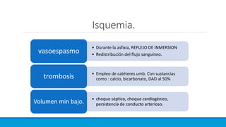 Isquemia.
• Durante la asfixia, REFLEJO DE INMERSION
• Redistribución del flujo sanguíneo.vasoespasmo
• Empleo de catéteres umb. Con sustancias
como : calcio, bicarbonato, DAD al 50%trombosis
• choque séptico, choque cardiogénico,
persistencia de conducto arterioso.Volumen min bajo.
 