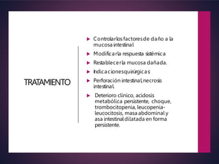 TRATAMIENTO
 Controlarlosfactoresde daño a la
mucosa intestinal
 Modificarla respuesta sistémica
 Restablecerla mucosa dañada.
 Indicacionesquirúrgicas:
 Perforación intestinal,necrosis
intestinal.
 Deterioro clínico, acidosis
metabólica persistente, choque,
trombocitopenia, leucopenia-
leucocitosis, masa abdominal y
asa intestinaldilatada en forma
persistente.
 
