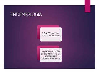 EPIDEMIOLOGIA
0.3 A 2.5 por cada
1000 nacidos vivos
Representa 1 a 5%
de los ingresos a las
unidades de
cuidados intensivos.
 