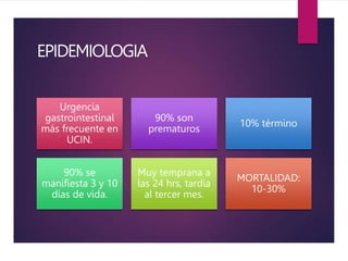 EPIDEMIOLOGIA
Urgencia
gastrointestinal
más frecuente en
UCIN.
90% son
prematuros
10% término
90% se
manifiesta 3 y 10
días de vida.
Muy temprana a
las 24 hrs, tardía
al tercer mes.
MORTALIDAD:
10-30%
 