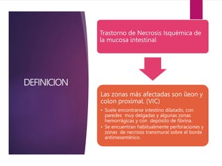 DEFINICION
Trastorno de Necrosis Isquémica de
la mucosa intestinal
Las zonas más afectadas son íleon y
colon proximal. (VIC)
• Suele encontrarse intestino dilatado, con
paredes muy delgadas y algunas zonas
hemorrágicas y con depósito de fibrina.
• Se encuentran habitualmente perforaciones y
zonas de necrosis transmural sobre el borde
antimesentérico.
 
