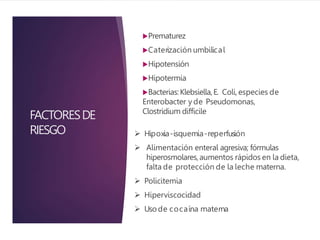 FACTORESDE
RIESGO
Prematurez
Caterización umbilical
Hipotensión
Hipotermia
Bacterias:Klebsiella,E. Coli,especies de
Enterobacter y de Pseudomonas,
Clostridium difficile
 Hipoxia-isquemia-reperfusión
 Alimentación enteral agresiva; fórmulas
hiperosmolares,aumentos rápidos en la dieta,
falta de protección de la leche materna.
 Policitemia
 Hiperviscocidad
 Usode cocaína materna
 
