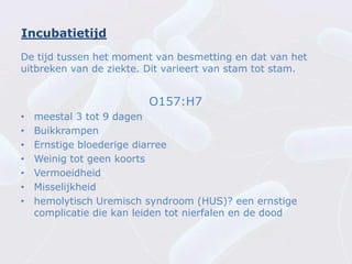 Incubatietijd
De tijd tussen het moment van besmetting en dat van het
uitbreken van de ziekte. Dit varieert van stam tot stam.


                          O157:H7
•   meestal 3 tot 9 dagen
•   Buikkrampen
•   Ernstige bloederige diarree
•   Weinig tot geen koorts
•   Vermoeidheid
•   Misselijkheid
•   hemolytisch Uremisch syndroom (HUS)? een ernstige
    complicatie die kan leiden tot nierfalen en de dood
 