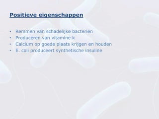 Positieve eigenschappen


•   Remmen van schadelijke bacteriën
•   Produceren van vitamine k
•   Calcium op goede plaats krijgen en houden
•   E. coli produceert synthetische insuline
 