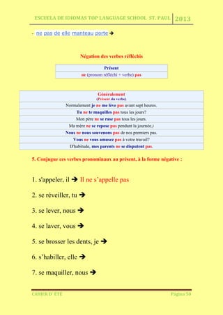 ESCUELA DE IDIOMAS TOP LANGUAGE SCHOOL ST. PAUL 2013
CAHIER D´ ÉTÉ Página 50
- ne pas de elle manteau porte 
Négation des verbes réfléchis
Présent
ne (pronom réfléchi + verbe) pas
Généralement
(Présent du verbe)
Normalement je ne me lève pas avant sept heures.
Tu ne te maquilles pas tous les jours?
Mon père ne se rase pas tous les jours.
Ma mère ne se repose pas pendant la journée.)
Nous ne nous souvenons pas de nos premiers pas.
Vous ne vous amusez pas à votre travail?
D'habitude, mes parents ne se disputent pas.
5. Conjugue ces verbes pronominaux au présent, à la forme négative :
1. s'appeler, il  Il ne s’appelle pas
2. se réveiller, tu 
3. se lever, nous 
4. se laver, vous 
5. se brosser les dents, je 
6. s’habiller, elle 
7. se maquiller, nous 
 