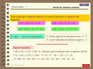 Para restar dos números enteros se suma al primero el opuesto del segundo. 1º. Como signo de la operación resta:  9 – 5  (+9) – (+5) = 9 – 5 = 4 2º. Como indicador de número negativo: –3  (+8) +(–8) = (–8) + (+8) = 0.  (Observa que un número más su opuesto vale 0). (–7) + (–8) – (–17) + (–10) = –7 – 8 + 17 – 10 = – 25 + 17 = –8  (–9) – (+5) = –9 – 5 = –14 (–9) – (–5) =  –9 + 5 = –4 (+9) – (–5) = 9 + 5 = 14 Algunos ejemplos: – 7 – 12  + 32  – 19  + 49 =  –7 – 12 – 19  + 32 + 49 =  – 38  + 81 = 43  Resta de números enteros El signo  –  tiene dos significados: 