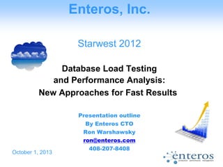 Enteros, Inc.
Starwest 2012
Database Load Testing
and Performance Analysis:
New Approaches for Fast Results
Presentation outline
By Enteros CTO
Ron Warshawsky
ron@enteros.com
408-207-8408
October 1, 2013
 