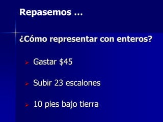 Repasemos …

¿Cómo representar con enteros?

    Gastar $45

    Subir 23 escalones

    10 pies bajo tierra
 