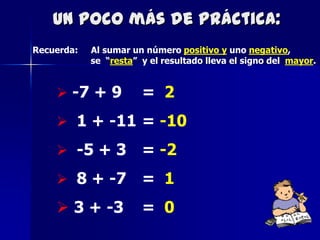 Un poco más de práctica:
Recuerda:   Al sumar un número positivo y uno negativo,
            se “resta” y el resultado lleva el signo del mayor.


     -7 + 9           = 2
     1 + -11 = -10

     -5 + 3           = -2
     8 + -7           = 1
     3 + -3           = 0
 