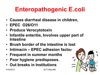 Enteropathogenic E.coli
r.
34
• Causes diarrheal disease in children,
• EPEC O26/O11
• Produce Verocytotoxin
• Infantile enteritis, Involves upper part of
Intestine
• Brush border of the intestine is lost
• Intimacin – EPEC adhesion facto
• Frequent in summer months
• Poor hygiene predisposes.
• Out breaks in Institutions
4/16/2012 Dr.T.V.Rao MD
 