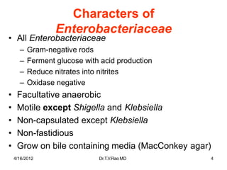 4/16/2012 Dr.T.V.RaoMD 4
Characters of
Enterobacteriaceae
• All Enterobacteriaceae
– Gram-negative rods
– Ferment glucose with acid production
– Reduce nitrates into nitrites
– Oxidase negative
• Facultative anaerobic
• Motile except Shigella and Klebsiella
• Non-capsulated except Klebsiella
• Non-fastidious
• Grow on bile containing media (MacConkey agar)
 