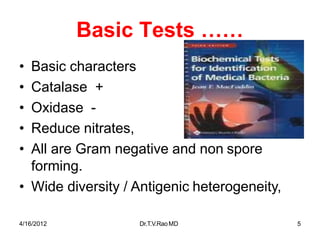 Basic Tests ……
• Basic characters
• Catalase +
• Oxidase -
• Reduce nitrates,
• All are Gram negative and non spore
forming.
• Wide diversity / Antigenic heterogeneity,
4/16/2012 Dr.T.V.RaoMD 5
 