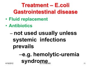 Treatment – E.coli
Gastrointestinal disease
4/16/2012 Dr.T.V.RaoMD 51
• Fluid replacement
• Antibiotics
– not used usually unless
systemic infections
prevails
–e.g. hemolytic-uremia
syndrome
 