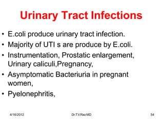 4/16/2012 Dr.T.V.RaoMD 54
Urinary Tract Infections
• E.coli produce urinary tract infection.
• Majority of UTI s are produce by E.coli.
• Instrumentation, Prostatic enlargement,
Urinary caliculi,Pregnancy,
• Asymptomatic Bacteriuria in pregnant
women,
• Pyelonephritis,
 