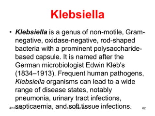 Klebsiella
• Klebsiella is a genus of non-motile, Gram-
negative, oxidase-negative, rod-shaped
bacteria with a prominent polysaccharide-
based capsule. It is named after the
German microbiologist Edwin Kleb's
(1834–1913). Frequent human pathogens,
Klebsiella organisms can lead to a wide
range of disease states, notably
pneumonia, urinary tract infections,
4/16s
/20
e
12pticaemia, andD
s
r.T
o
.V.f
Rt
aotM
iD
ssue infections. 62
 