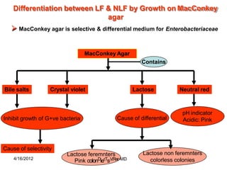 Differentiation between LF & NLF by Growth on MacConkey
agar
MacConkey Agar
Contains
Bile salts Crystal violet Lactose Neutral red
 MacConkey agar is selective & differential medium for Enterobacteriaceae
Inhibit growth of G+ve bacteria
Cause of selectivity
Cause of differential
pH indicator
Acidic: Pink
Lactose non feremnters
colorless colonies
4/16/2012
Lactose feremnters
Pink colonDier.Ts.V
.RaoMD
 