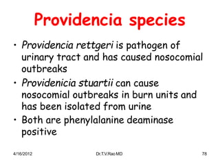 4/16/2012 Dr.T.V.RaoMD 78
Providencia species
• Providencia rettgeri is pathogen of
urinary tract and has caused nosocomial
outbreaks
• Providenicia stuartii can cause
nosocomial outbreaks in burn units and
has been isolated from urine
• Both are phenylalanine deaminase
positive
 