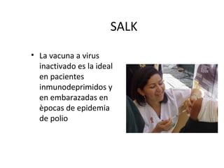SALK
• La vacuna a virus
inactivado es la ideal
en pacientes
inmunodeprimidos y
en embarazadas en
èpocas de epidemia
de polio
 