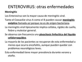 ENTEROVIRUS: otras enfermedades
Meningitis
Los Enterovirus son la mayor causa de meningitis viral.
Tanto el Coxsackie virus A como el B pueden causar meningitis
aséptica llamada así porque no es de origen bacteriana.
La meningitis viral típicamente implica cefalea, rigidez de cuello,
fiebre y malestar general.
Se observa con frecuencia una pleocitosis linfocítica del líquido
cefalorraquídeo.
La mayoría de los pacientes se recuperan de esta enfermedad a
menos que ocurra encefalitis, aunque pueden quedar con
problemas neurológicos leves.
Esta enfermedad tiene mayor prevalencia durante verano y
otoño.
 