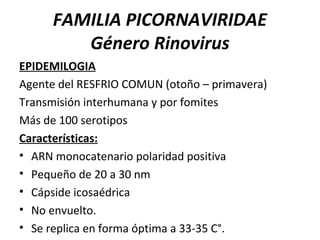 FAMILIA PICORNAVIRIDAE
Género Rinovirus
EPIDEMILOGIA
Agente del RESFRIO COMUN (otoño – primavera)
Transmisión interhumana y por fomites
Más de 100 serotipos
Características:
• ARN monocatenario polaridad positiva
• Pequeño de 20 a 30 nm
• Cápside icosaédrica
• No envuelto.
• Se replica en forma óptima a 33-35 C°.
 