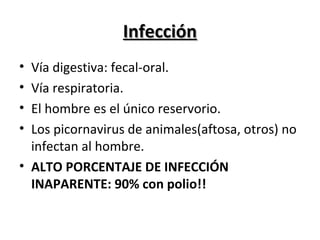 InfecciónInfección
• Vía digestiva: fecal-oral.
• Vía respiratoria.
• El hombre es el único reservorio.
• Los picornavirus de animales(aftosa, otros) no
infectan al hombre.
• ALTO PORCENTAJE DE INFECCIÓN
INAPARENTE: 90% con polio!!
 
