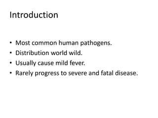 Introduction

•   Most common human pathogens.
•   Distribution world wild.
•   Usually cause mild fever.
•   Rarely progress to severe and fatal disease.
 
