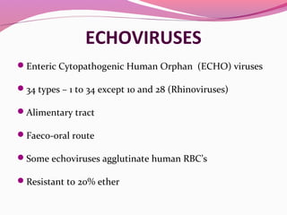 ECHOVIRUSES
Enteric Cytopathogenic Human Orphan (ECHO) viruses
34 types – 1 to 34 except 10 and 28 (Rhinoviruses)
Alimentary tract
Faeco-oral route
Some echoviruses agglutinate human RBC’s
Resistant to 20% ether
 