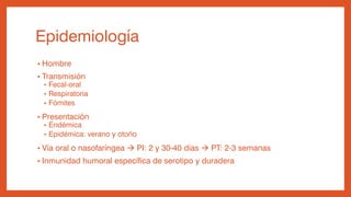 Epidemiología
• Hombre
• Transmisión
• Fecal-oral
• Respiratoria
• Fómites
• Presentación
• Endémica
• Epidémica: verano y otoño
• Vía oral o nasofaríngea  PI: 2 y 30-40 días  PT: 2-3 semanas
• Inmunidad humoral específica de serotipo y duradera
 