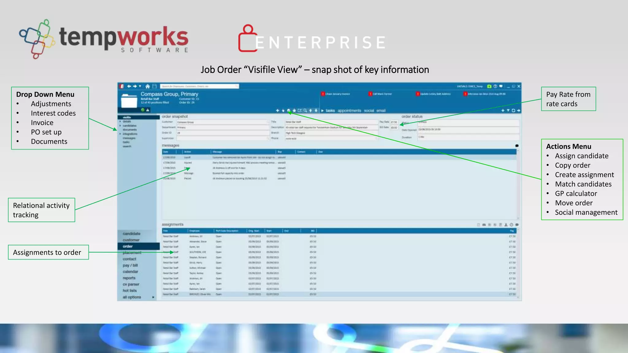 Job Order “Visifile View” – snap shot of key information
Assignments to order
Pay Rate from
rate cards
Relational activity
tracking
Drop Down Menu
• Adjustments
• Interest codes
• Invoice
• PO set up
• Documents
Actions Menu
• Assign candidate
• Copy order
• Create assignment
• Match candidates
• GP calculator
• Move order
• Social management
 