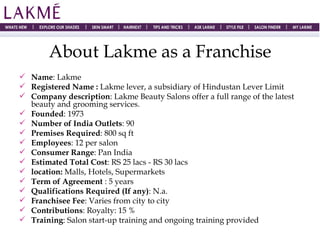 About Lakme as a Franchise Name : Lakme Registered Name   :  Lakme lever, a subsidiary of Hindustan Lever Limit Company description : Lakme Beauty Salons offer a full range of the latest beauty and grooming services.  Founded : 1973 Number of India Outlets : 90 Premises Required : 800 sq ft Employees : 12 per salon Consumer Range : Pan India Estimated Total Cost : RS 25 lacs - RS 30 lacs location:  Malls, Hotels, Supermarkets  Term of Agreement  : 5 years Qualifications Required (If any) : N.a. Franchisee Fee : Varies from city to city   Contributions : Royalty: 15 % Training : Salon start-up training and ongoing training provided  