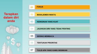 Terapkan
dalam diri
anda
01 FOKUS
02
03
04
05
MANAJEMEN WAKTU
KEINGINAN YANG KUAT
JAUHKAN DIRI YANG TIDAK PENTING
SERING MEMBACA
06
07
TENTUKAN PRIORITAS
TULIS APA YANG KAMU INGINKAN
 