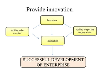 Provide innovation
Ability to be
creative
Ability to spot the
opportunities
Innovation
Invention
SUCCESSFUL DEVELOPMENT
OF...