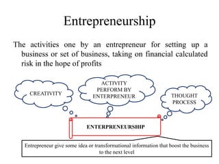 Entrepreneurship
The activities one by an entrepreneur for setting up a
business or set of business, taking on financial c...