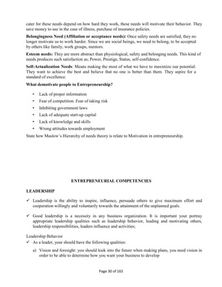Page 30 of 165
cater for these needs depend on how hard they work, these needs will motivate their behavior. They
save money to use in the case of illness, purchase of insurance policies.
Belongingness Need (Affiliation or acceptance needs): Once safety needs are satisfied, they no
longer motivate us to work harder. Since we are social beings, we need to belong, to be accepted
by others like family, work groups, mentors.
Esteem needs: They are more abstract than physiological, safety and belonging needs. This kind of
needs produces such satisfaction as; Power, Prestige, Status, self-confidence.
Self-Actualization Needs: Means making the most of what we have to maximize our potential.
They want to achieve the best and believe that no one is better than them. They aspire for a
standard of excellence.
What demotivate people to Entrepreneurship?
• Lack of proper information
• Fear of competition. Fear of taking risk
• Inhibiting government laws
• Lack of adequate start-up capital
• Lack of knowledge and skills
• Wrong attitudes towards employment
State how Maslow’s Hierarchy of needs theory is relate to Motivation in entrepreneurship.
ENTREPRENEURIAL COMPETENCIES
LEADERSHIP
 Leadership is the ability to inspire, influence, persuade others to give maximum effort and
cooperation willingly and voluntarily towards the attainment of the unplanned goals.
 Good leadership is a necessity in any business organization. It is important your portray
appropriate leadership qualities such as leadership behavior, leading and motivating others,
leadership responsibilities, leaders influence and activities;
Leadership Behavior
 As a leader, your should have the following qualities:
a) Vision and foresight: you should look into the future when making plans, you need vision in
order to be able to determine how you want your business to develop
 