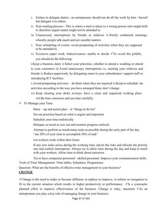 Page 37 of 165
i. Failure to delegate duties:- an entrepreneur should not do all the work by him / herself
but delegate it to others.
ii. Poor mailing process:- This is where a mail is taken to a wrong person who might hold
it, therefore urgent matter might not be attended to.
iii. Unnecessary interruptions by friends or relatives iv.Poorly conducted meetings,
whereby people talk much and not sensible matters
v. Poor scheduling of events- avoid postponing of activities when they are supposed
to be attended to.
vi. Excessive paper work. Indecisiveness- unable to decide To avoid this pitfalls,
you should do the following:
i.Keep a business dairy ii.Select your priorities, whether to attend a wedding or attend
to your customers iii.Avoid unnecessary interruptions i.e. meeting your relatives and
friends iv.Reduce paperwork, by delegating some to your subordinates/ support staff or
introducing ICT facilities.
v.Avoid postponing activities – do them when they are required vi.Keep to schedule- do
activities according to the way you have arranged them, don’t change
vii. Keep clearing your desks in-trays- have a clean and organized working place
viii.Be time conscious and use time carefully.
 To Manage your Time
Draw – up and action plan – ie “things to do list”
Set out priorities based on what is urgent and important
Schedule your time realistically
Delegate as much as you can and monitor progress realized.
Attempt to perform as much/many tasks as possible during the early part of the day.
“use 20% of your time to accomplish 50% of task”
Let workers work within their limits
If any new tasks arises during the working time, advert the risks and allocate the priority
rate and control interruption. Always try to allow time during the day and keep in touch
with your workers. Allow time to think about tomorrow.
Try to have competent personnel –skilled personnel. Improve your communication skills.
Tools of Time Management: Time tables, Schedules, Programmes
Question: What are the benefits of effective time management in your business?
CHANGE
Change is the need to make or become different, to replace or improve, to reform or reorganize to
fit to the current situation which results in higher productivity or performance. Is a systematic
planned effort to improve effectiveness of the business. Change is risky, uncertain As an
entrepreneur you play a key role of managing change in your business.
 