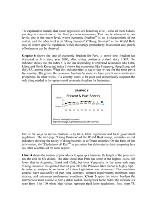 The explanation sustains that estate regulations are becoming costs –some of them hidden-
and they are transferred to the final prices to consumers. That can be observed in two
levels: one is the macro level, where economic freedom60 is not a characteristic of our
market, and the other level is at “doing business” (“Doing Business” as the World Bank
calls it) where specific regulations which discourage productivity, investment and growth
of businesses can be observed.

Graphic 6 shows the case of economic freedom for Peru. It shows how freedom has
decreased in Peru since year 2000, after having positively evolved since 1,995. The
indicator shows that the index 5 is the one responding to repressed economics like Cuba,
Libya, and North Korea and index 1 shows free economics like Singapore, Hong Kong, and
the USA, among others. What this indicator tries to say is that we are for the most part a
free country. The greater the economic freedom the more we have growth and countries are
prosperous. In other words, if a country wants to be poor and economically stagnant, the
only thing needed is the repression of economic freedom for businesses.


                                                GRAPHIC 6

                         Índice de Libertad Económica




                         Source: Heritage Foundation.
                         http://cf.heritage.org/indetest/country.cfm?id=Peru




One of the ways to repress business is by taxes, labor regulations and local government
regulations. The web page “Doing Business” of the World Bank Group, estimates several
indicators showing the reality of doing business in different countries. On the basis of this
information, the “Ciudadanos Al Dia”61 organization has elaborated a chart comparing Peru
and other countries of the same region:

Chart 4 shows the number of procedures to open up a business, the length of the procedure
and the cost in US dollars. The data shows that Peru has some of the highest costs, still
lower that in Argentina, Brasil and Chile, but over Venezuela. In the same web page
“Doing Business” it is pointed that for year 2003, the Peruvian labor market is highly rigid.
In order to analyze it, an Index of Labor Legislation was elaborated. The conditions
covered were availability of part time contracts, contract requirements, minimum wage
salaries, and minimum employment conditions. Chart 5 spots the social burdens the
entrepreneur must assume to hire a stable worker. Going back to the Index, the measure is a
scale from 1 to 100 where high values represent rigid labor regulations. Peru bears 74,
 
