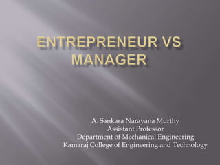 A. Sankara Narayana Murthy
Assistant Professor
Department of Mechanical Engineering
Kamaraj College of Engineering and Technology
 