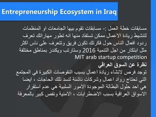 Entrepreneurship Ecosystem in Iraq
‫العمل‬ ‫خطة‬ ‫مسابقات‬:-‫المنظمات‬ ‫او‬ ‫الجامعات‬ ‫بيها‬ ‫تقوم‬ ‫مسابقات‬
‫تعرف‬ ‫مهاراتك‬ ‫تطور‬ ‫انه‬ ‫منها‬ ‫تستفاد‬ ‫ممكن‬ ‫االعمال‬ ‫ريادة‬ ‫لتنشيط‬
‫اكثر‬ ‫ناس‬ ‫على‬ ‫وتتعرف‬ ‫فريق‬ ‫تكون‬ ‫فكرتك‬ ‫حول‬ ‫الناس‬ ‫افعال‬ ‫ردود‬
‫التنمية‬ ‫اجل‬ ‫من‬ ‫ابتكار‬ ‫مثل‬2016‫مختلفة‬ ‫بمناطق‬ ‫ويكندز‬ ‫وستارتب‬
‫العراقي‬ ‫السوق‬ ‫عن‬ ‫نظرة‬
‫المجت‬ ‫في‬ ‫الكبيرة‬ ‫النقوصات‬ ‫بسبب‬ ‫اعمال‬ ‫ريادة‬ ‫النشاء‬ ‫فرص‬ ‫توجد‬‫مع‬
‫ايضا‬ ، ‫الحاجات‬ ‫تلك‬ ‫لتسد‬ ‫ناشئة‬ ‫وشركات‬ ‫اعمال‬ ‫رواد‬ ‫تحتاج‬ ‫التي‬
‫استقرار‬ ‫عدم‬ ‫هي‬ ‫السلبية‬ ‫االمور‬ ‫الموجودة‬ ‫البطالة‬ ‫حلول‬ ‫احد‬ ‫هي‬
‫بالمعرف‬ ‫كبير‬ ‫ونقص‬ ‫االمنية‬ ، ‫االضطرابات‬ ‫بسبب‬ ‫العراقية‬ ‫االسواق‬‫ة‬
MIT arab startup competition
 