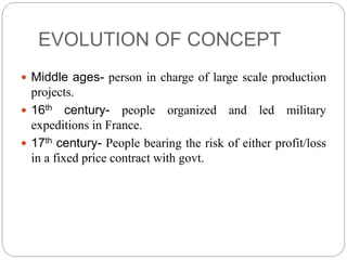 EVOLUTION OF CONCEPT
 Middle ages- person in charge of large scale production
projects.
 16th century- people organized and led military
expeditions in France.
 17th century- People bearing the risk of either profit/loss
in a fixed price contract with govt.
 