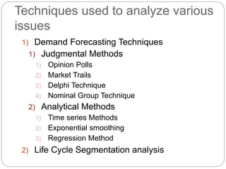 Techniques used to analyze various
issues
1) Demand Forecasting Techniques
1) Judgmental Methods
1) Opinion Polls
2) Market Trails
3) Delphi Technique
4) Nominal Group Technique
2) Analytical Methods
1) Time series Methods
2) Exponential smoothing
3) Regression Method
2) Life Cycle Segmentation analysis
 