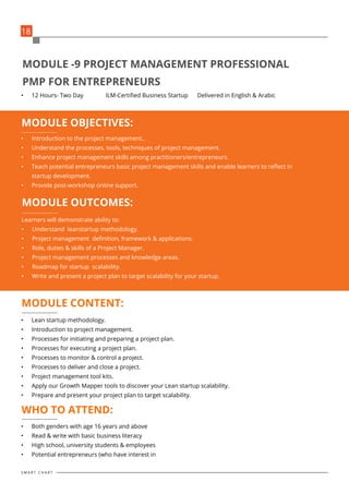 •	 Lean startup methodology.
•	 Introduction to project management.
•	 Processes for initiating and preparing a project plan.
•	 Processes for executing a project plan.
•	 Processes to monitor & control a project.
•	 Processes to deliver and close a project.
•	 Project management tool kits.
•	 Apply our Growth Mapper tools to discover your Lean startup scalability.
•	 Prepare and present your project plan to target scalability.
•	 Introduction to the project management..
•	 Understand the processes, tools, techniques of project management.
•	 Enhance project management skills among practitioners/entrepreneurs.
•	 Teach potential entrepreneurs basic project management skills and enable learners to reflect in
startup development.
•	 Provide post-workshop online support.
•	 Both genders with age 16 years and above
•	 Read & write with basic business literacy
•	 High school, university students & employees
•	 Potential entrepreneurs (who have interest in
Learners will demonstrate ability to:
•	 Understand leanstartup methodology.
•	 Project management definition, framework & applications.
•	 Role, duties & skills of a Project Manager.
•	 Project management processes and knowledge areas.
•	 Roadmap for startup scalability.
•	 Write and present a project plan to target scalability for your startup.
•	 12 Hours- Two Day 	 ILM-Certified Business Startup Delivered in English & Arabic
MODULE CONTENT:
MODULE OBJECTIVES:
WHO TO ATTEND:
MODULE OUTCOMES:
MODULE -9 PROJECT MANAGEMENT PROFESSIONAL
PMP FOR ENTREPRENEURS
18
S M A R T C H A R T
 