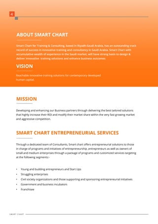 ABOUT SMART CHART
MISSION
SMART CHART ENTREPRENEURIAL SERVICES
VISION
Smart Chart for Training & Consulting, based in Riyadh-Saudi Arabia, has an outstanding track
record of success in innovative training and consultancy in Saudi Arabia. Smart Chart with
accumulative wealth of experience in the Saudi market, will have strong basis to design &
deliver innovative training solutions and enhance business outcomes
Developing and enhancing our Business partners through delivering the best tailored solutions
that highly increase their ROI and modify their market share within the very fast growing market
and aggressive competition.
Through a dedicated team of Consultants, Smart chart offers entrepreneurial solutions to those
in charge of programs and initiatives of entrepreneurship ,entrepreneurs as well as owners of
small and medium enterprises through a package of programs and customized services targeting
at the following segments:-
•	 Young and budding entrepreneurs and Start Ups
•	 Struggling enterprises
•	 Civil society organizations and those supporting and sponsoring entrepreneurial initiatives
•	 Government and business incubators
•	 Franchisee
Reachable innovative training solutions for contemporary developed
human capital.
4
S M A R T C H A R T
 