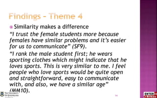  Similarity makes a difference
“I trust the female students more because
females have similar problems and it’s easier
for us to communicate” (SF9).
“I rank the male student first; he wears
sporting clothes which might indicate that he
loves sports. This is very similar to me. I feel
people who love sports would be quite open
and straightforward, easy to communicate
with, and also, we have a similar age”
(MM10).
14
 
