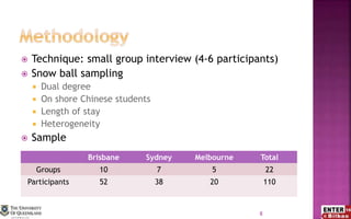  Technique: small group interview (4-6 participants)
 Snow ball sampling
 Dual degree
 On shore Chinese students
 Length of stay
 Heterogeneity
 Sample
Brisbane Sydney Melbourne Total
Groups 10 7 5 22
Participants 52 38 20 110
8
 