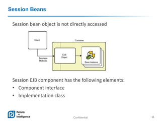 Confidential 11
Session Beans
Session bean object is not directly accessed
Session EJB component has the following elements:
• Component interface
• Implementation class
 