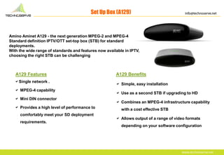 Amino Aminet A129 - the next generation MPEG-2 and MPEG-4
Standard definition IPTV/OTT set-top box (STB) for standard
depl...