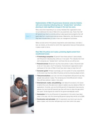 Implementation of Web 2.0 governance structures varies by industry,
           with some industries indicating they are “already there” and others
           planning to make significant changes in the next two years.
           Many executives responding to our survey indicated their organizations have
           not yet addressed the risks of Web 2.0 in any systematic way. Fewer than half
           (47 percent) say they’re currently putting in place governance programs that will
Chart 11   guard data from unauthorized external access. Meanwhile, only 28 percent say
           they have included Web 2.0 tools in their risk management processes.


           Below we see some of the policies respondents were asked about, and take a
           look, by industry, at the extent to which their organizations have put those policies
           in place or plan to do so.


           Clear Web 2.0 policies are in place, protecting digital content from
           unauthorized access.
           • IT/technology companies: 52 percent have these policies in place already,
             
             with 48 percent indicating they will do so in two years. This indicates that most
             tech companies are “already there” and those that are not will be soon.

           • Financial services: 60 percent say they have policies in place; 40 percent plan
             
             to do so in two years. Like IT companies, financial-sector organizations seem
             well aware of the risks of Web 2.0 and have taken steps to head them off.

           • Consumer goods: Perhaps surprisingly, just one quarter of survey respondents
             
             in this sector say they have Web 2.0 policies aimed at protecting digital content.

           •  elecommunications: Just over one third of respondents (35 percent) say they
             T
             already have policies in place. The remaining two thirds (65 percent) indicate
             they will have policies in place in two years.

           • Entertainment, media, and publishing: Like telecommunications, this sector
             
             is behind the curve. But plans are in place to tighten security related to Web 2.0
             applications. Currently, just one third (33 percent) of respondents have security
             policies, but two thirds (67 percent) say they will move to close this gap within
             two years. Similar figures are noted for the governmental/public sector.

           •  utomotive: So far only 40 percent of respondents in this sector have taken
             A
             steps in this area, with the remaining 60 percent saying they will do so by 2009.

           • Construction and real estate: Half of respondents say they’ve got security
             
             plans in place, with the other half planning to join them within two years.
 